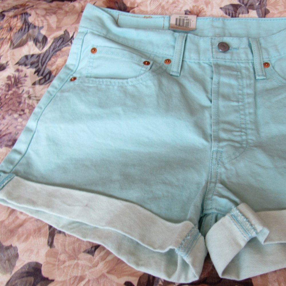 Levi's 501 Women Shorts Color:Aqua sz.30 Cuffed Button Denim